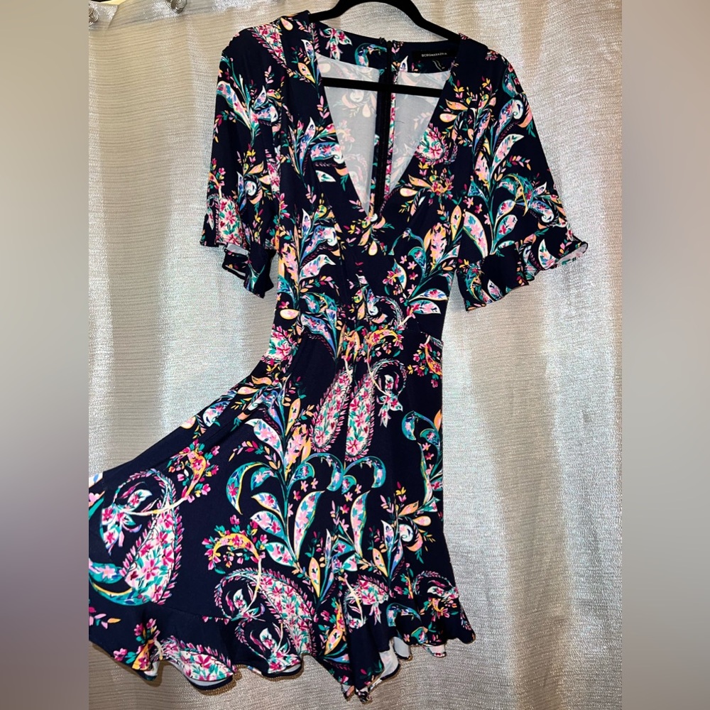 BCBGMAXAZRIA Navy Paisley Print Ruffle Romper